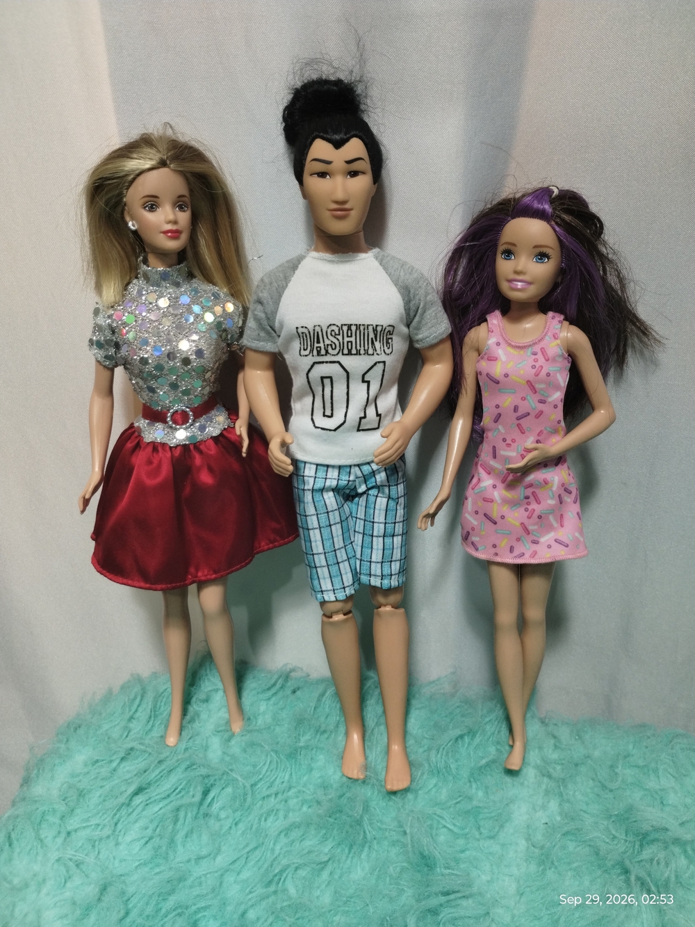 Barbie Doll Trio with Red Satin Skirt, Pink Patterned Dress & Blue Plaid Shorts